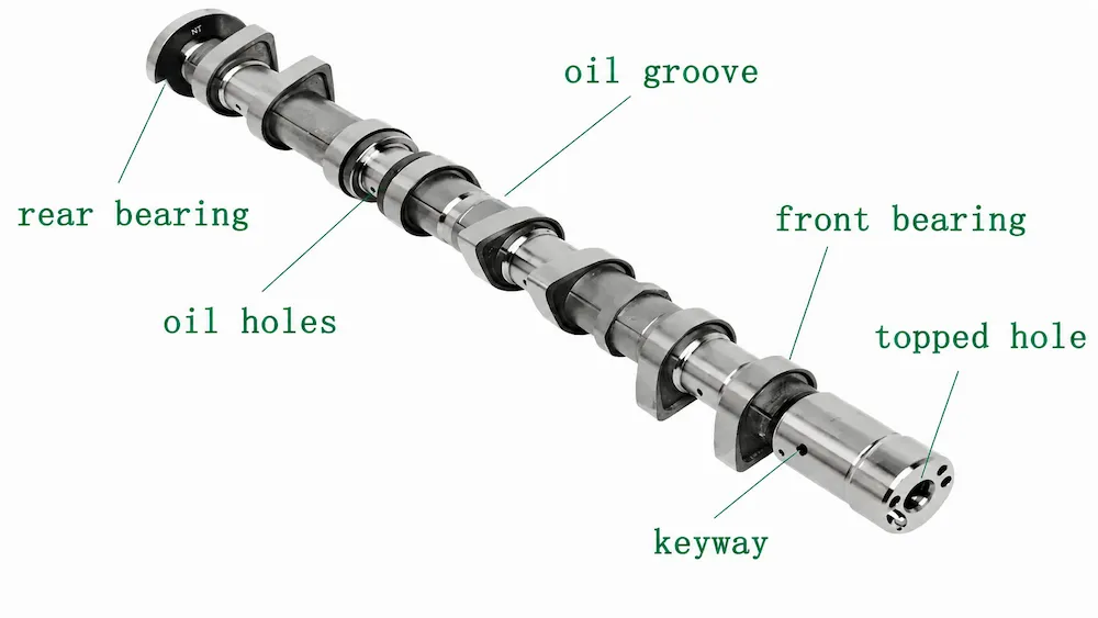 Cummins engine camshaft with oil holes, oil groove, bearings and keyway